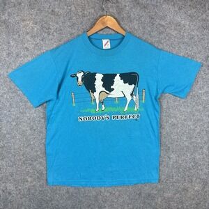 Vintage 80s Nobody's Perfect Cow Shirt Large Blue Udder Humor Funny Graphic 1987